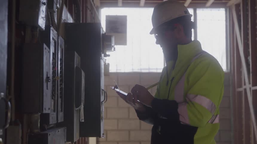 A male construction worker with a hard hat and yellow vest using a clipboard to take notes next to an electrical box in an unfinished building with bright sunlight streaming in through a window behind him
