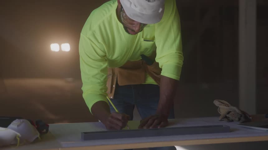 The construction worker is marking with a pencil