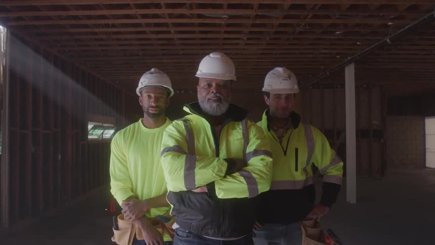 Three construction workers wearing hard hats and safety vests stand sidebyside in a room with unfinished wooden wallsthey are all looking directly at the camera with the man in the middle crossing his arms