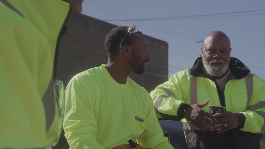 Three men in custom outdoor construction clothing talking