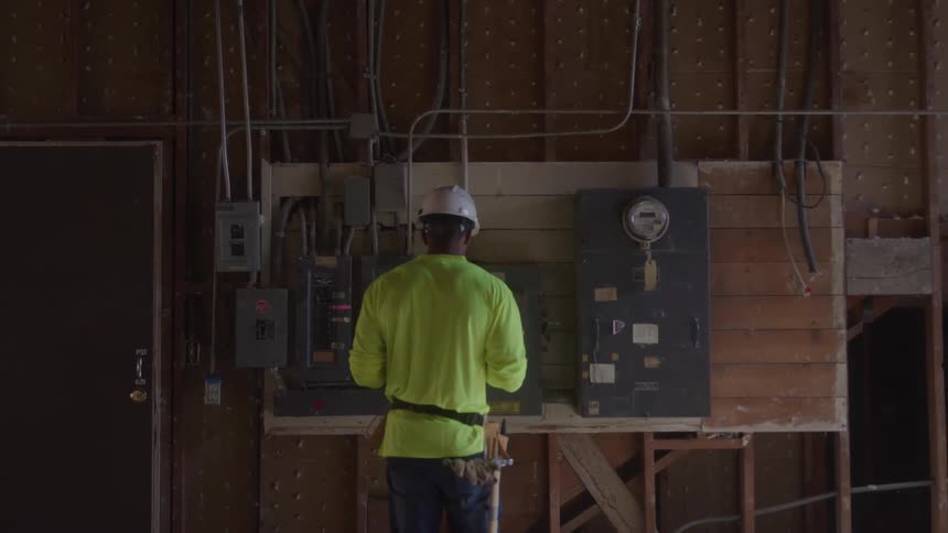 Worker wearing a helmet inspects an electrical panel under construction