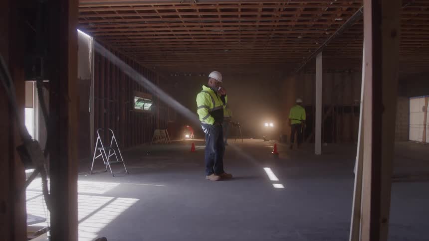 A person wearing a neon yellow safety vest and hard hat stands still in an unfinished room talking on a walkietalkie in the background another worker is also wearing a hard hat and safety vest while working