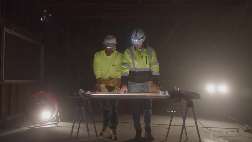 The two construction workers talk and write notes