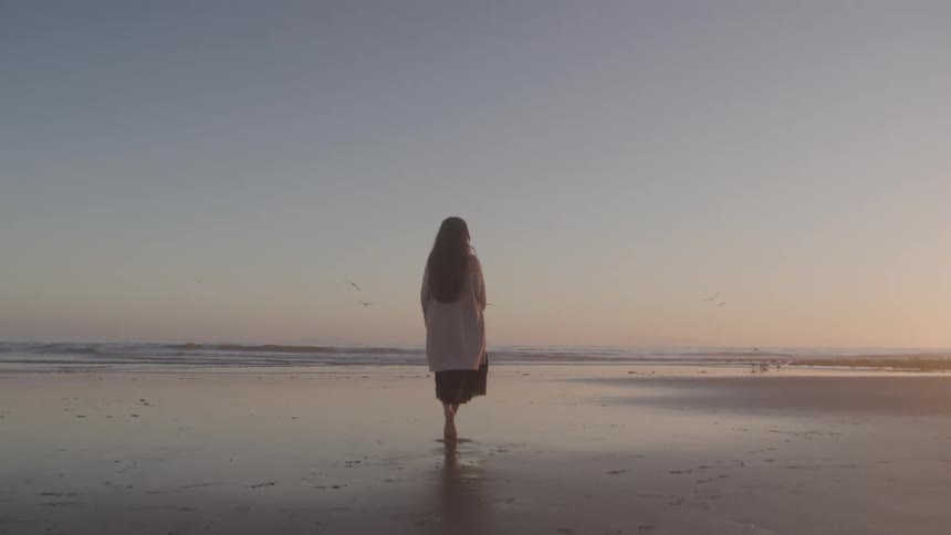 A woman with long hair walks away from the camera toward the ocean at sunset with her reflection visible on the wet sand as waves crash gently behind her