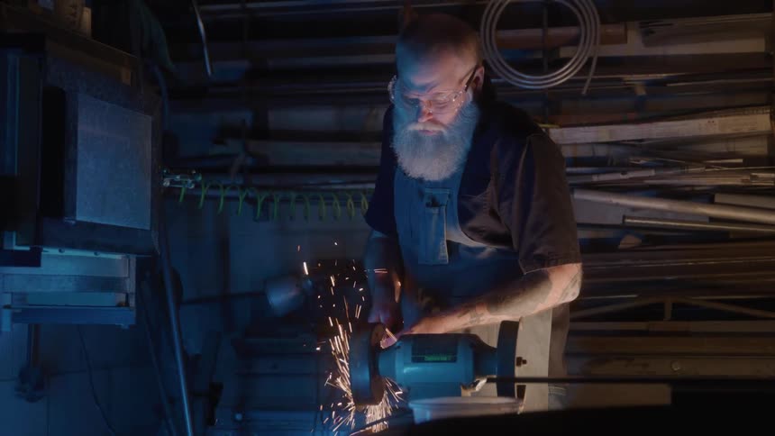 Man grinds metal on a grinder releasing sparks in the workshop