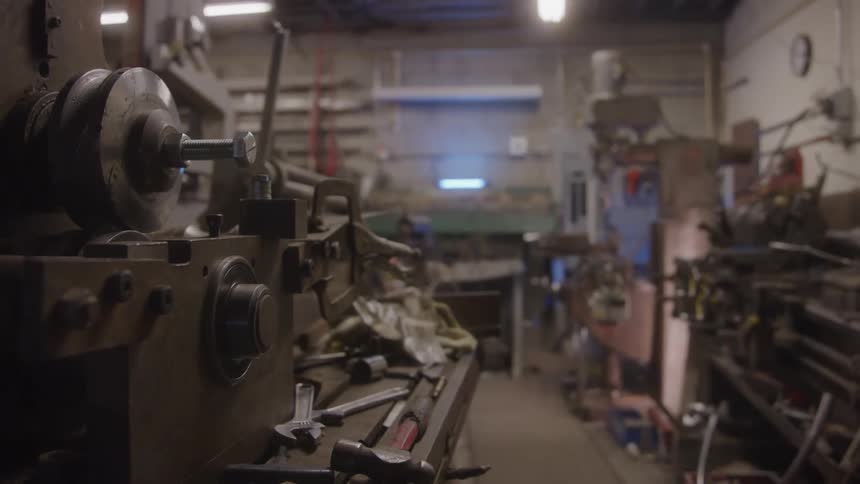 Tools and machines arranged in a mechanical workshop