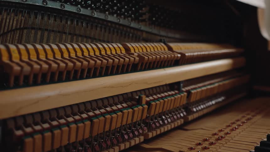 Grand piano being played its internal strings visibly vibrating with each note