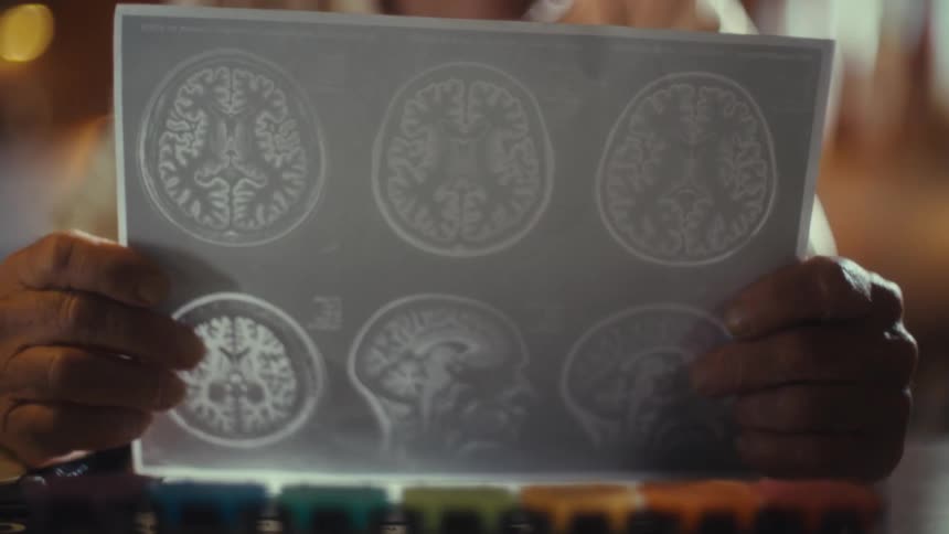An elderly man with a nasal cannula examines brain scans with a weekly pill organizer visible in the foreground