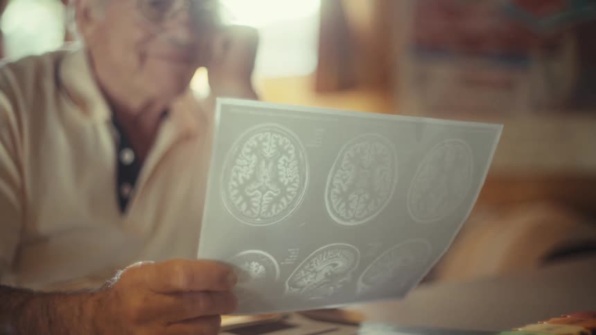 The man smiles and nods his head while looking at a copy of a ct scan