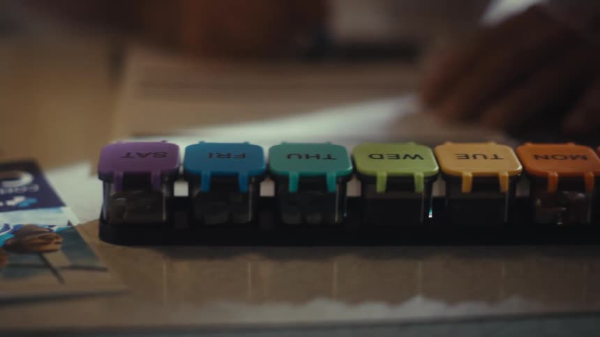A close eyelevel view shows a persons filling a form in front of a weekly pill organizer with each days container in a different color