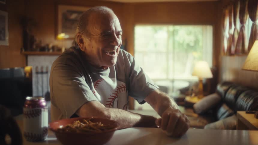 The man claps his hands while watching baseball on television