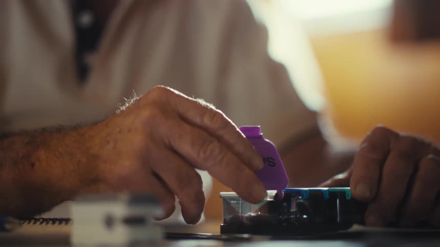 The man takes a pill from the pill organizer