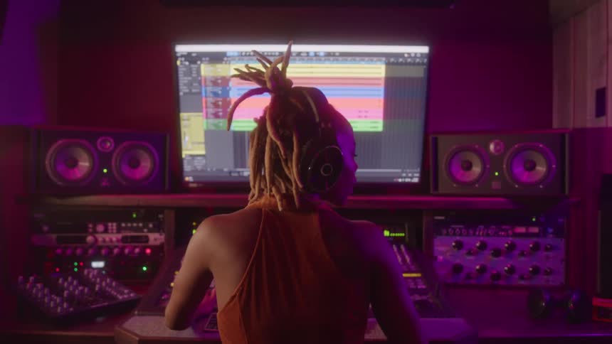 The woman is making music in the studio