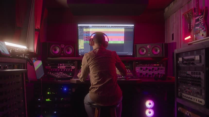 Person wearing headphones sitting in a studio facing a music mixer