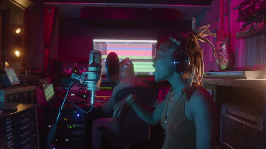 Woman recording music in a studio