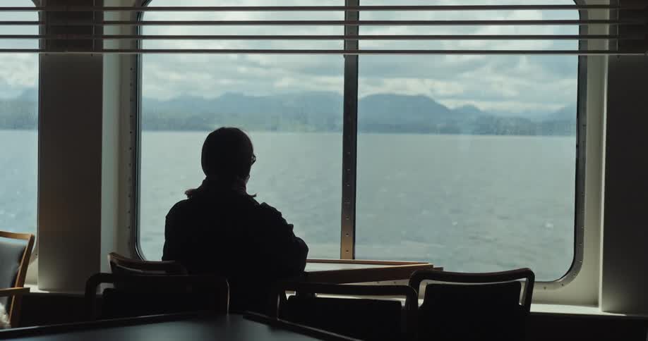 A person sits alone in a chair and looks out a large window at a calm bay surrounded by green mountains under a cloudy sky