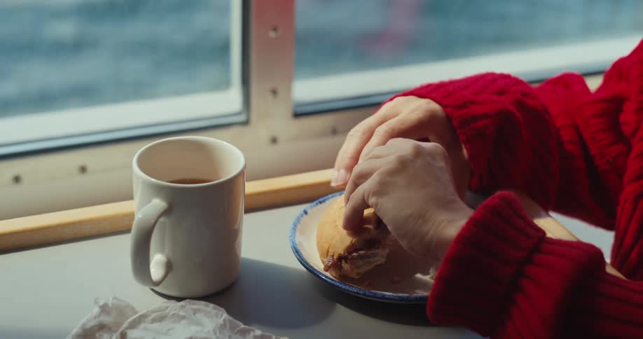 A close view of a half eaten sandwich on a plate next to a white mug with dark liquid on a table in a boat cabin with a view of the water outside