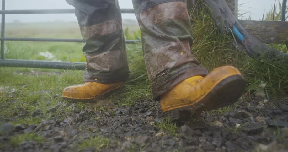 The farmer is standing by the fence