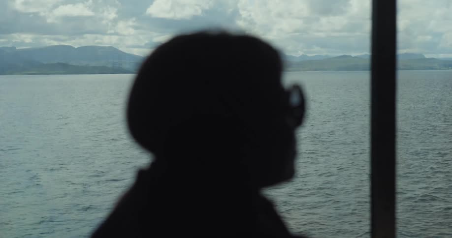 Silhouette of a person with glasses looking at the sea through the window