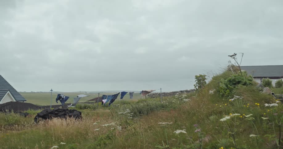 Washed clothes flap on a clothesline in a rural grassy field on a cloudy day with houses visible in the background