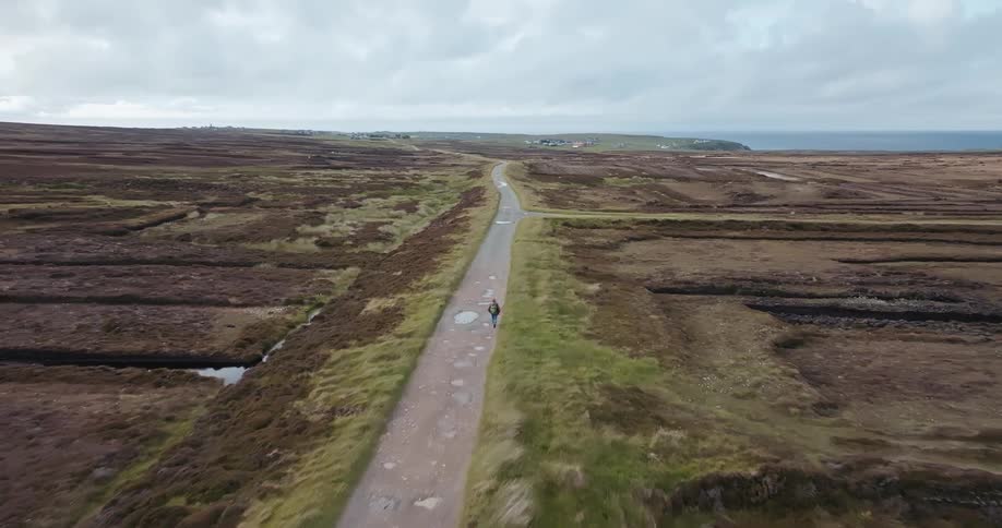 Isolated person walking down a dirt road in a vast countryside
