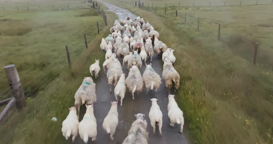 A herd of sheep run down a road