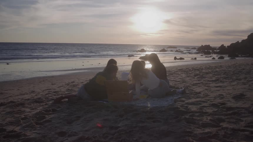 Friends are having a picnic on he beach