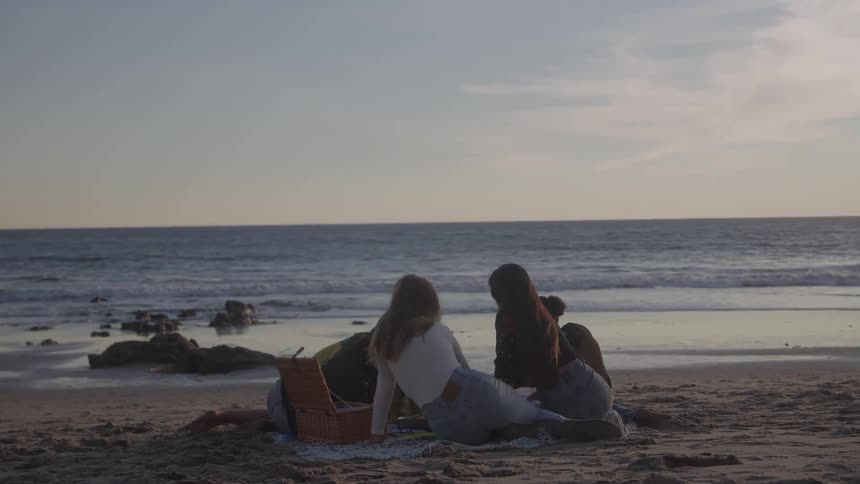 Group of friends on a late afternoon picnic on the beach sand