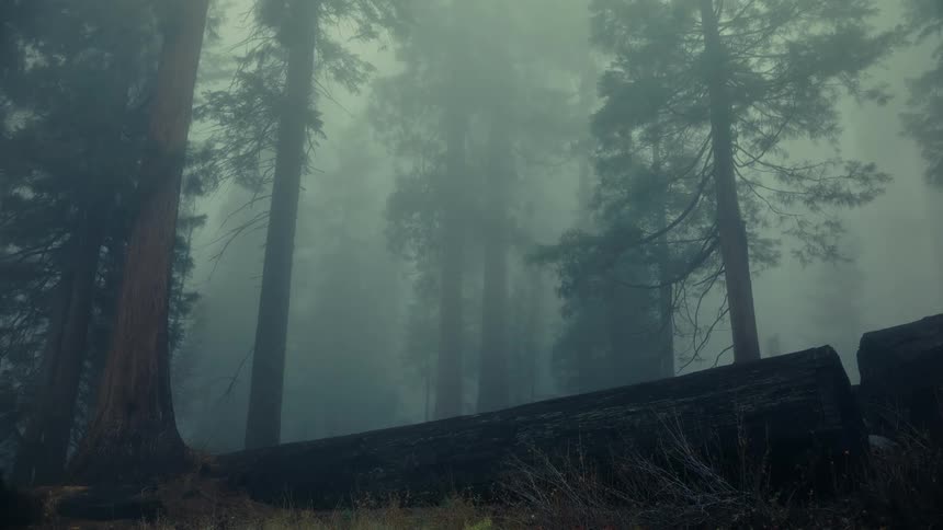 A forest is covered in fog with tall trees and a fallen log on the ground