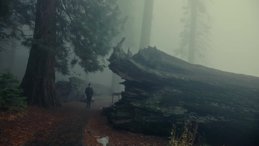The man hikes past a huge fallen tree