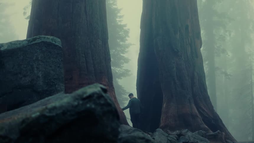 A person walks between two massive redwood trees in a foggy forest