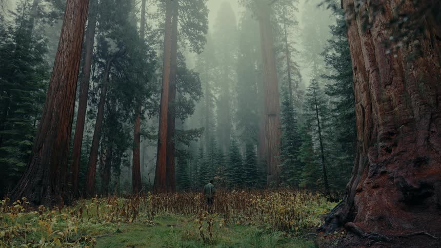 A person in a jacket walks away from the camera into a forest with tall trees and fog