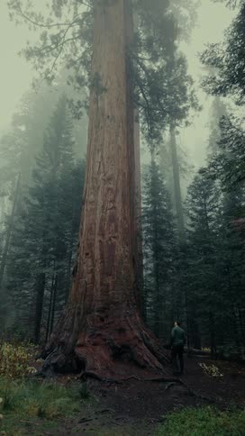 A man stands at the base of a giant tree in a misty forest