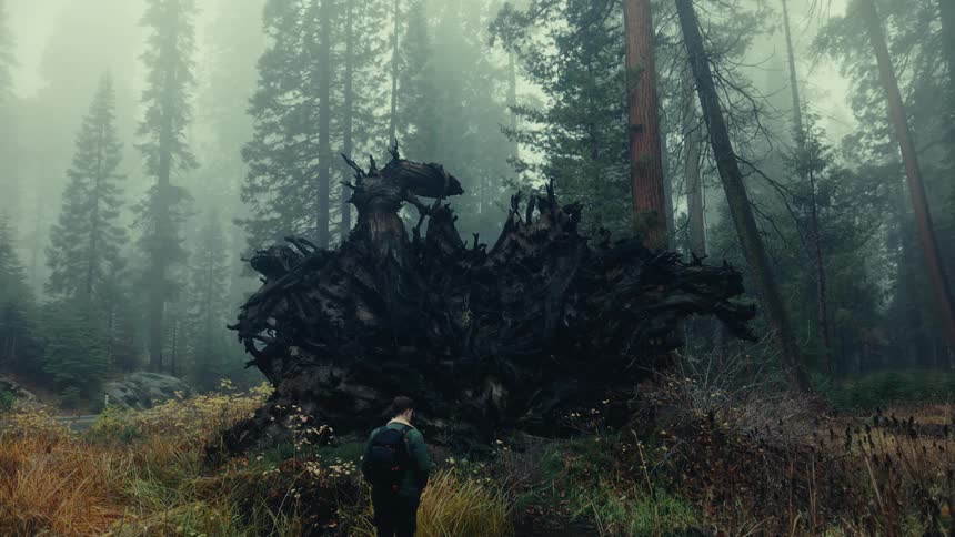 A man with a backpack walks close to a giant gnarled tree stump in a foggy forest with tall shadowy pine trees and a car in the background