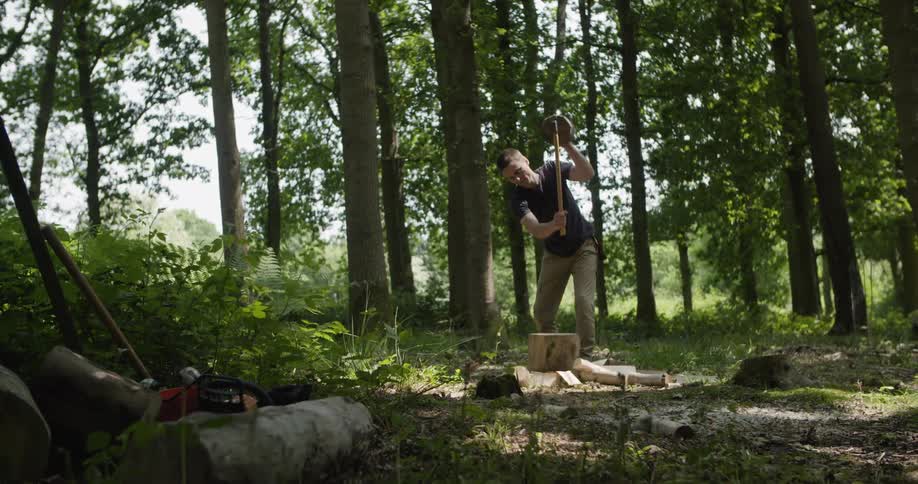 A low angle shot shows a man in a dark gray shirt and light pants chopping wood with an ax in a sunny forest clearing with tall trees