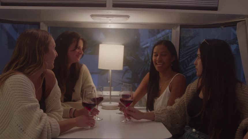 Friends talk and drink wine together