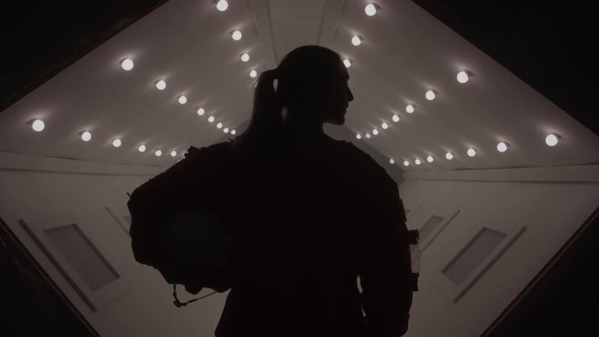 Silhouette of astronaut holding helmet in front of illuminated ceiling