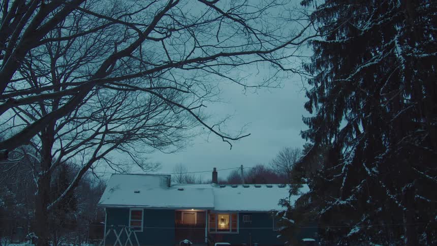 A snowcovered house glows warmly from lit windows beneath bare winter trees at dusk