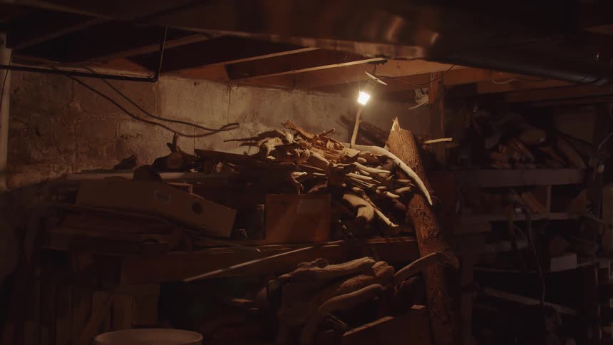 Stacks of sticks and branches are in the workshop