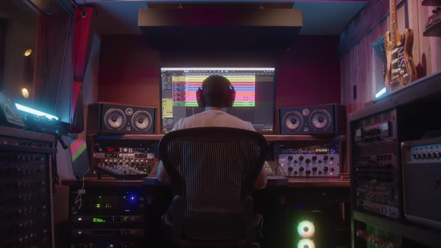 A man sitting at an audio editing desk wearing headphones with music editing software opened on the monitor in front of him