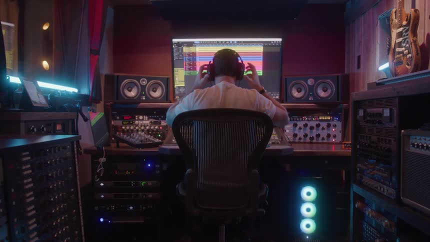 A man sits in a music studio working on a computer and wearing headphones