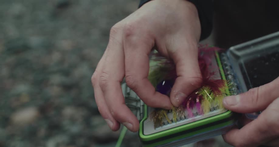 A close view shows a persons hands opening a small fly fishing box and picking out a yellow fishing fly from the colorful collection