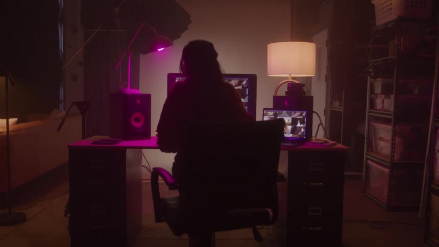 Woman taking off her headphones and walking away from the computer