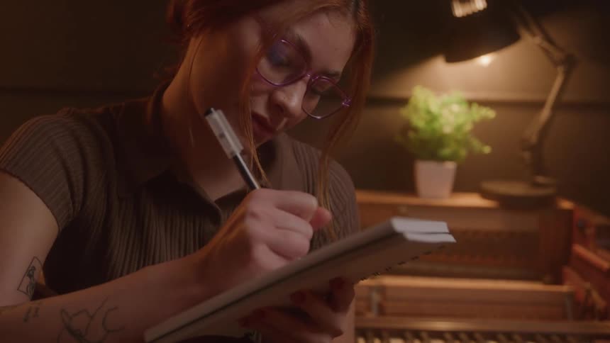 Young woman wearing glasses sitting beside a piano indoors writing with a pen in a notebook resting on her arm