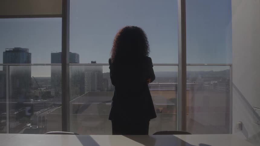 The office worker is looking at the view from the window