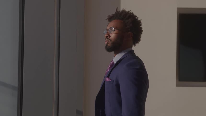 A man stands in profile and looks out a window