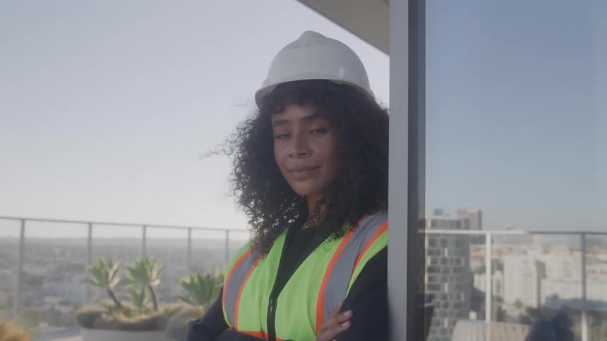 A woman wearing a hard hat and a reflective vest poses for the camera on a balcony