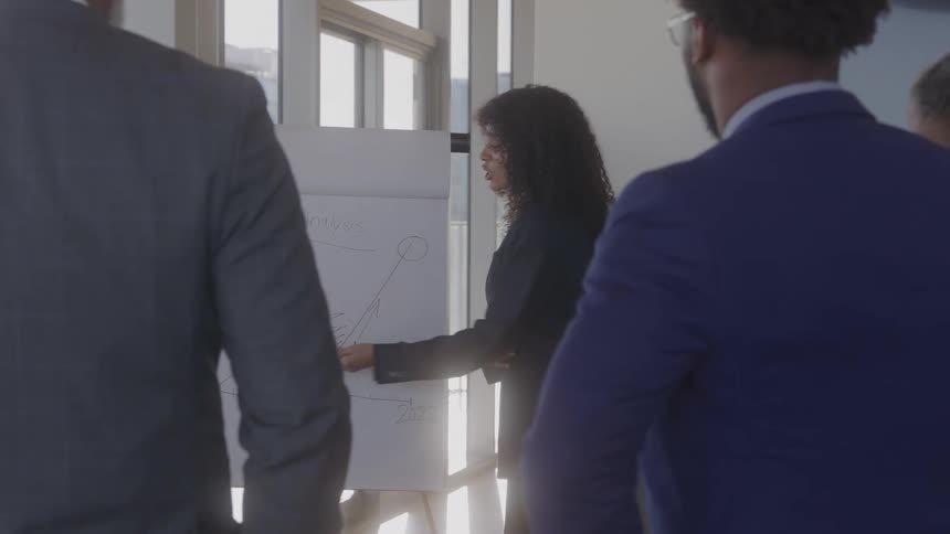 In a brightly lit office a businesswoman presents a hand drawn chart on a whiteboard to her colleagues during a meeting
