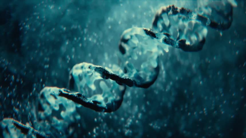 A spinning frosted dna strand with blue particles moving around it
