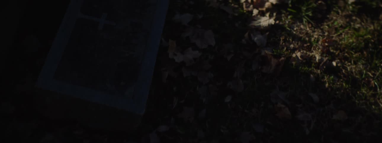 Leaves are scattered around the graves